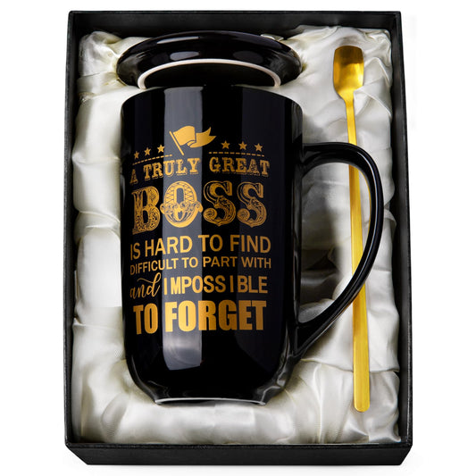 Doublewhale Boss Gifts, Best Boss Mug, Gifts for Men for Birthday, Farewell, Night Out, Retirement, Boss Day, Christmas, 530ml, black ceramic coffee mug with spoon lid card, beautiful.