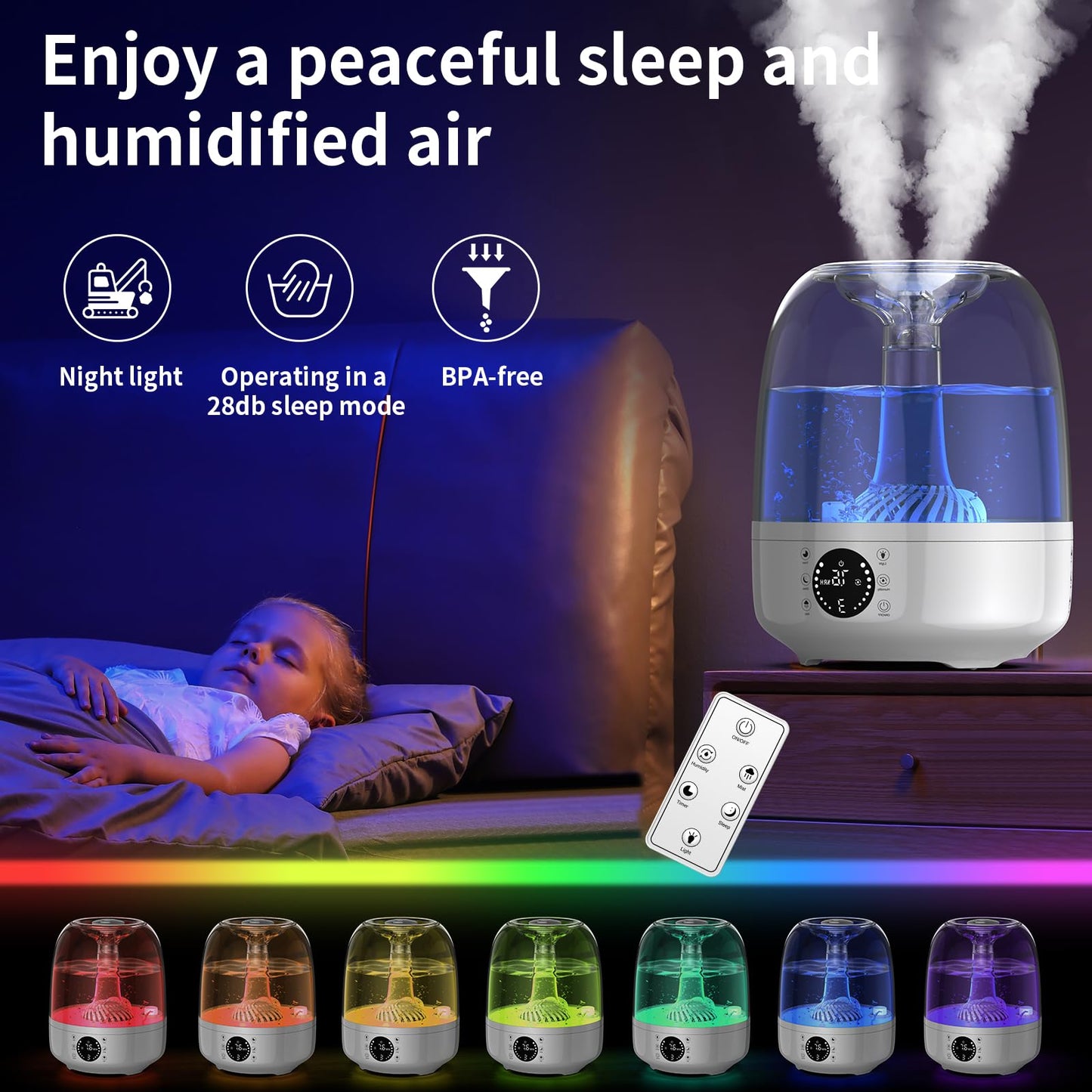 4L top fill humidifier bedroom, 28dB 35H room humidifier with 360° rotatable nozzle, remote control, timer, RGB color night light humidifier for nursery, office, baby.