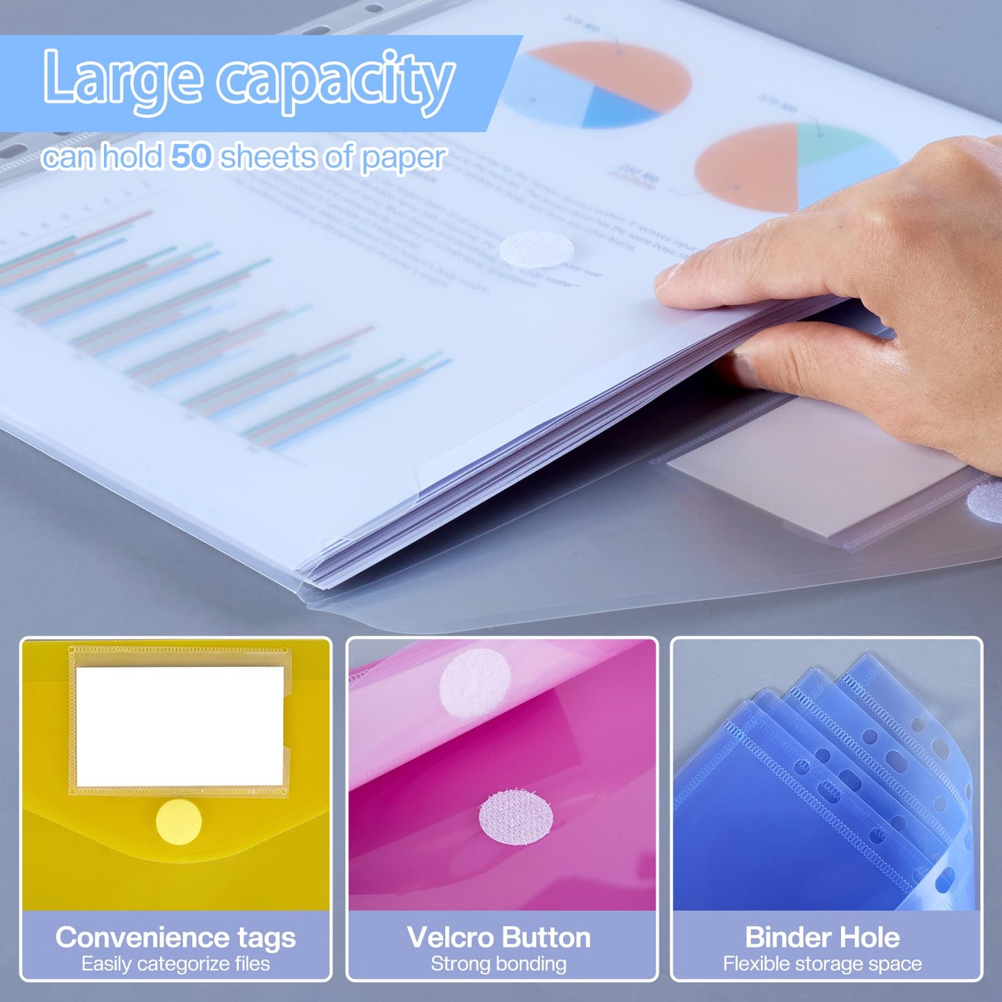 Document Folder A4 - Pack of 30, Transparent Folders with 11-hole edge and label pocket, Clear Sleeve for Documents (6 Colors)