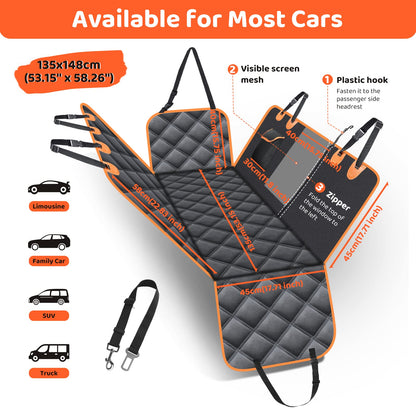KYG Dog Car Seat Cover for Back Seat with Side Protection and Mesh Window, Scratch-resistant and Water-repellent Dog Car Blanket, Dog Mat, Back Seat Bench, 135 x 148 cm Black