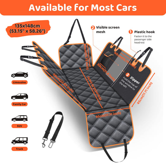 KYG Dog Car Seat Cover for Back Seat with Side Protection and Mesh Window, Scratch-resistant and Water-repellent Dog Car Blanket, Dog Mat, Back Seat Bench, 135 x 148 cm Black
