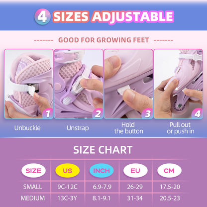 Locavun Kids Inline Skates 4 Sizes Adjustable Inline Skates for Girls Size 26-29 29-34 30-35 Inline skates with 82A PU wheels Rollerskates.