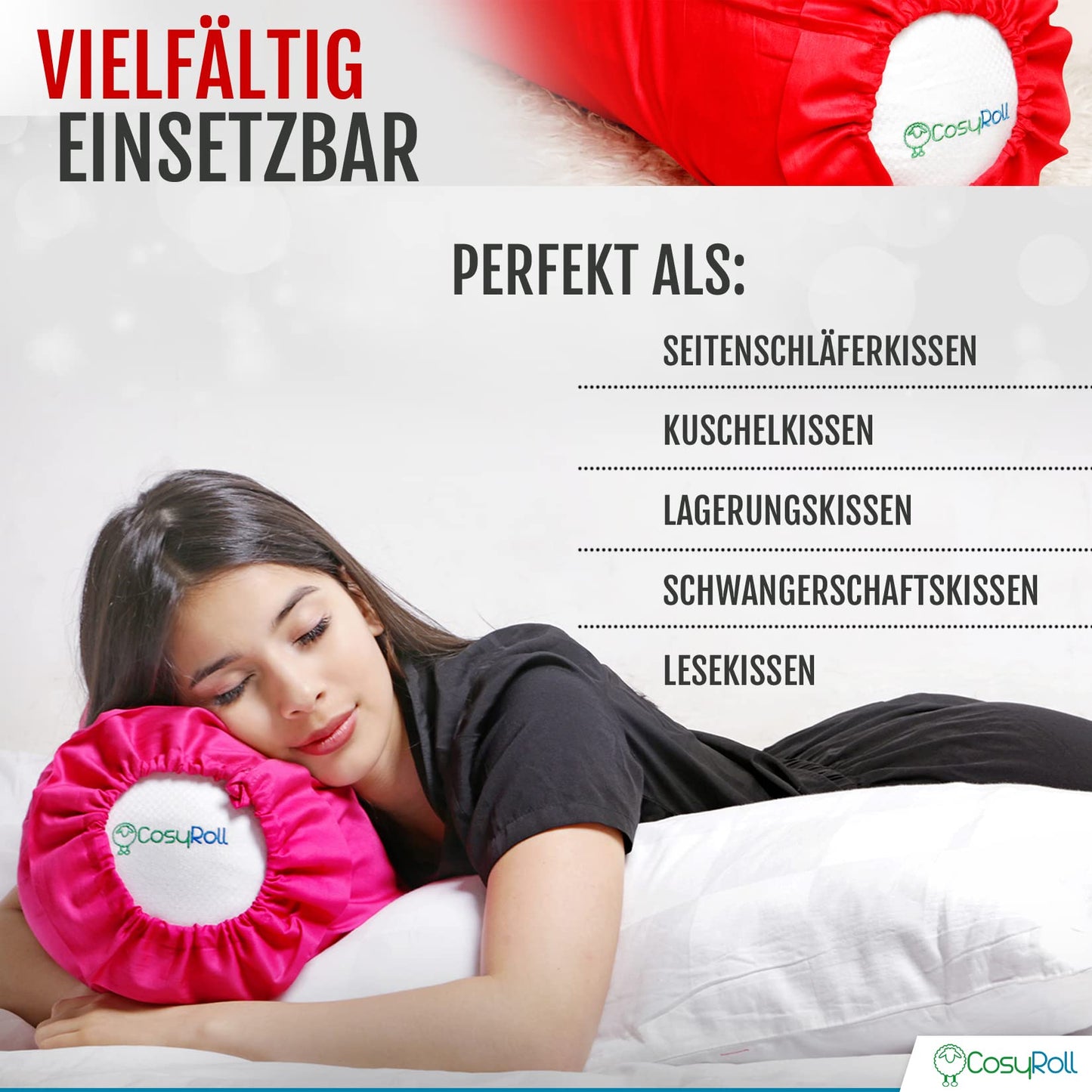 Translate: Original CosyRoll® Side Sleeper & Snuggle Pillow | Better Sleep Pillow | 100% cotton & microfiber filling | 90cm x 30cm | Pillow with Foxglove cover (Color: Red)