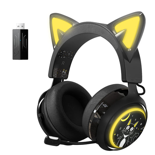 Somic Wireless Gaming Headset, Bluetooth headset for smartphone, retractable microphone, 7.1 surround sound, 50mm drivers, RGB lighting, cute cat ear headphones for girls, Black