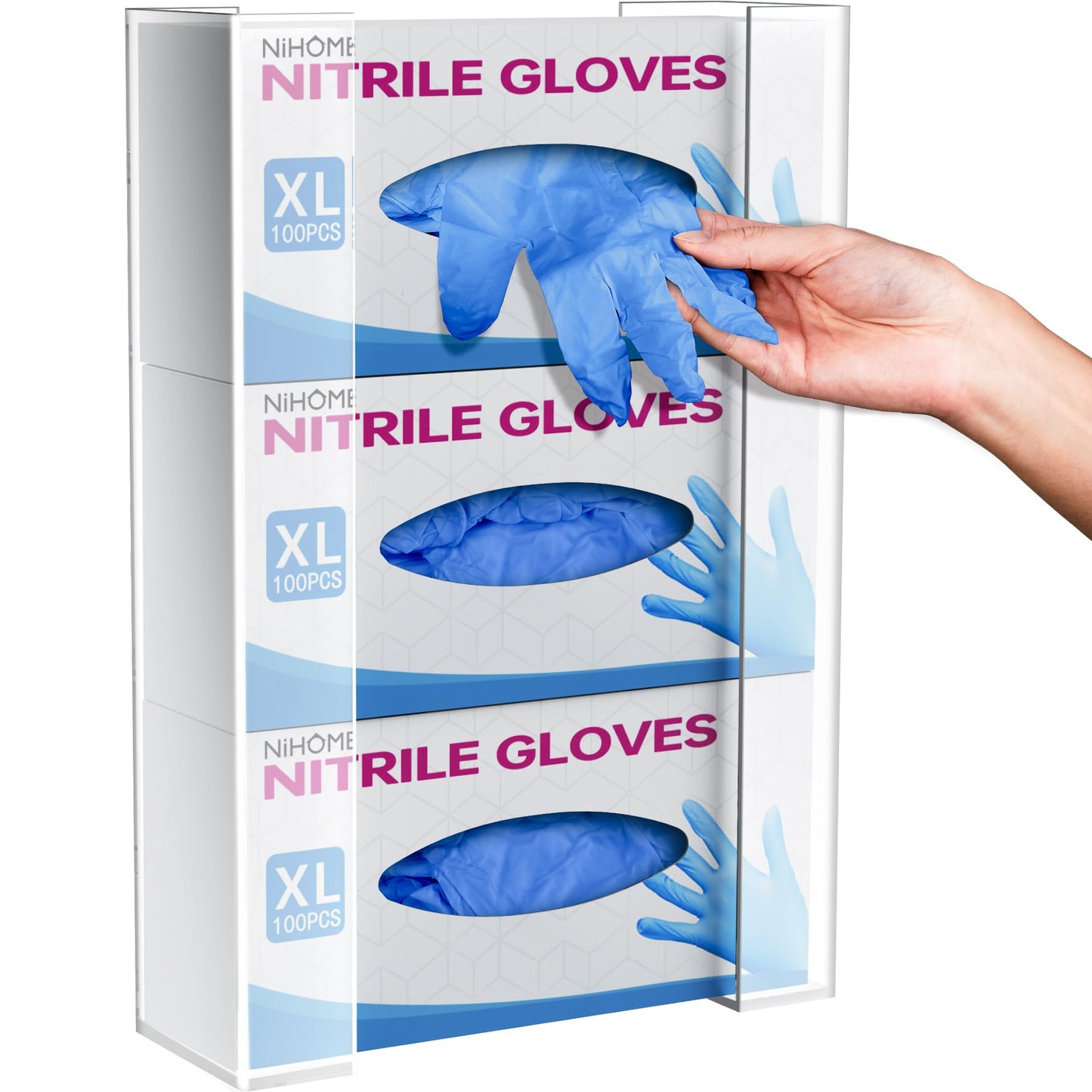NiHome Wall Mount Glove Holder (for 3 boxes), Acrylic Glove Holder for disposable gloves and wipes, space-saving glove dispenser for kitchen, bathroom, lab, and garage.