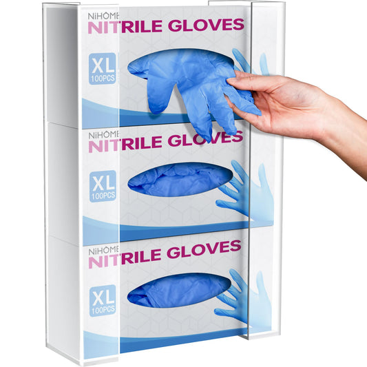 NiHome Wall Mount Glove Holder (for 3 boxes), Acrylic Glove Holder for disposable gloves and wipes, space-saving glove dispenser for kitchen, bathroom, lab, and garage.