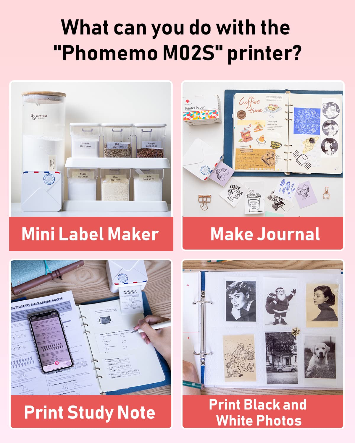 Phomemo M02S pocket printer, 300 DPI mini printer for smartphone thermal printer with 6 paper rolls, compatible with 15, 25, 53 mm paper, perfect for studying, scrapbooking, photos, gifts (White)