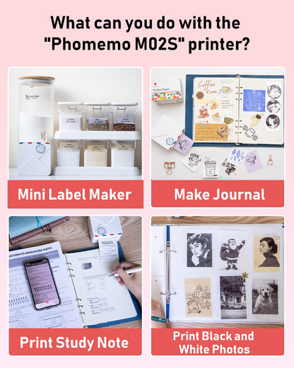 Phomemo M02S pocket printer, 300 DPI mini printer for smartphone thermal printer with 6 paper rolls, compatible with 15, 25, 53 mm paper, perfect for studying, scrapbooking, photos, gifts (White)