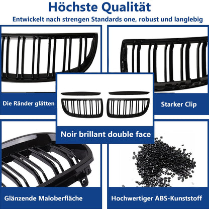 Gangying E90 kidney grills in black for BMW 3 series E90 E91 2005-2008. Gloss black, double slat, sport style grills for E90 sedan and E91 touring.