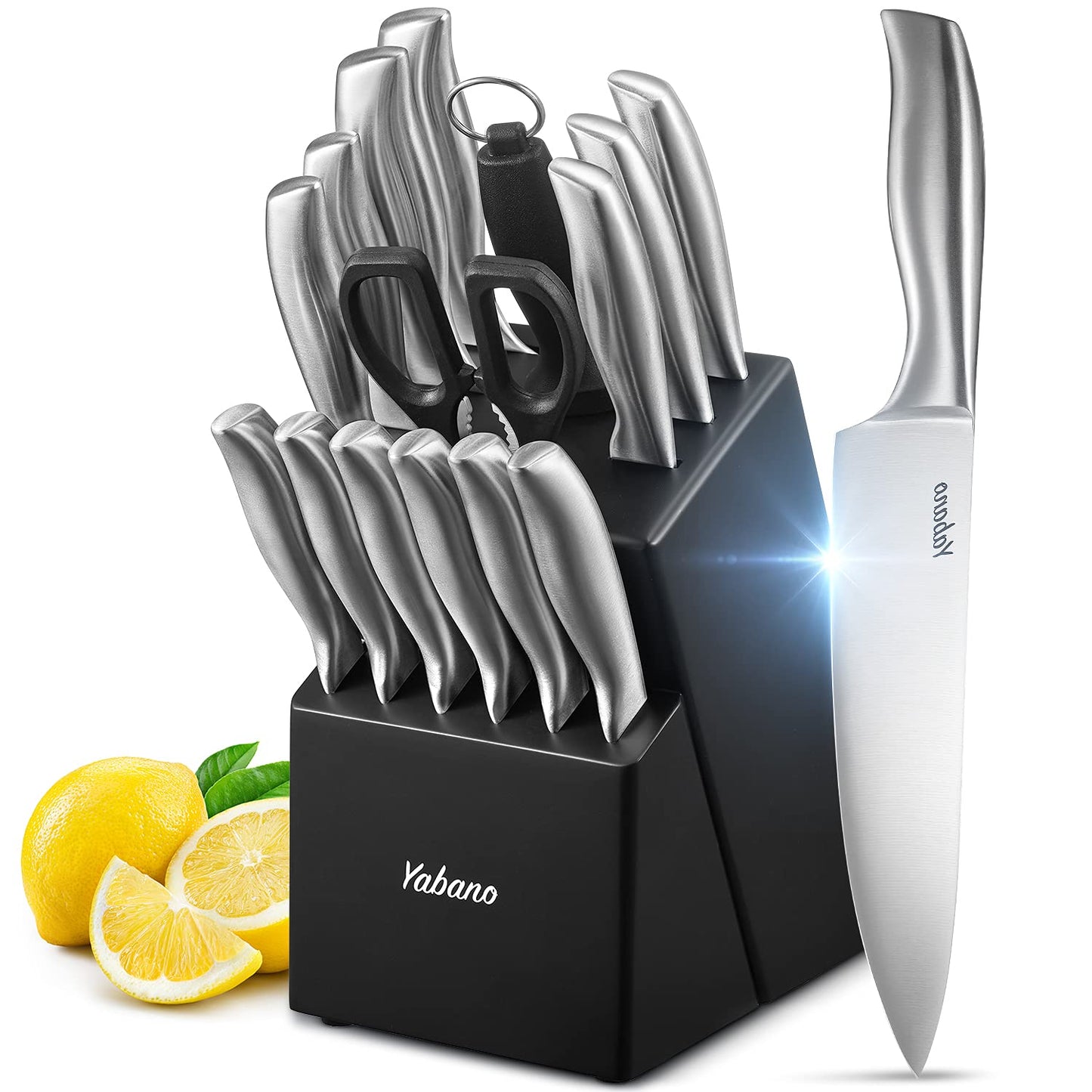 Yabano Knife Block Professional Knife Set, 16-Piece Stainless Steel Kitchen Knife Set with Wood Block, Knife Set, Knife, Black