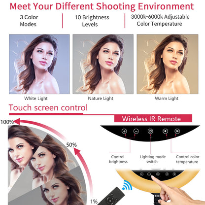 21-inch LED ring light with tripod stand, large ring light with touch panel for YouTube vlog video recordings, makeup studio portraits with remote control, CRI>97.