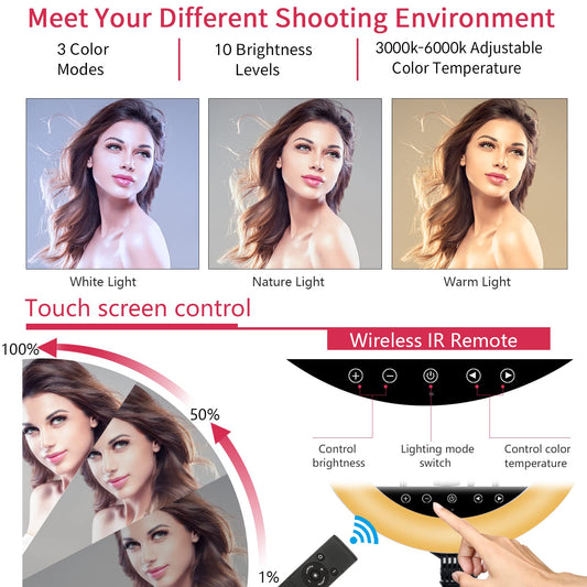 21-inch LED ring light with tripod stand, large ring light with touch panel for YouTube vlog video recordings, makeup studio portraits with remote control, CRI>97.