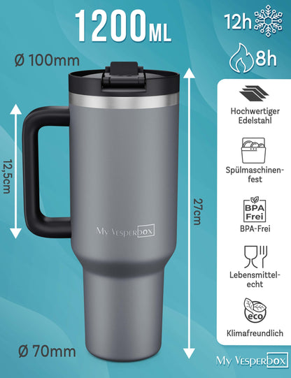 My Vesperbox Kinny Cup - thermos cup - water bottle with straw 500, 950, 1200ml - coffee mug to go - stainless steel thermos bottle BPA & melamine free