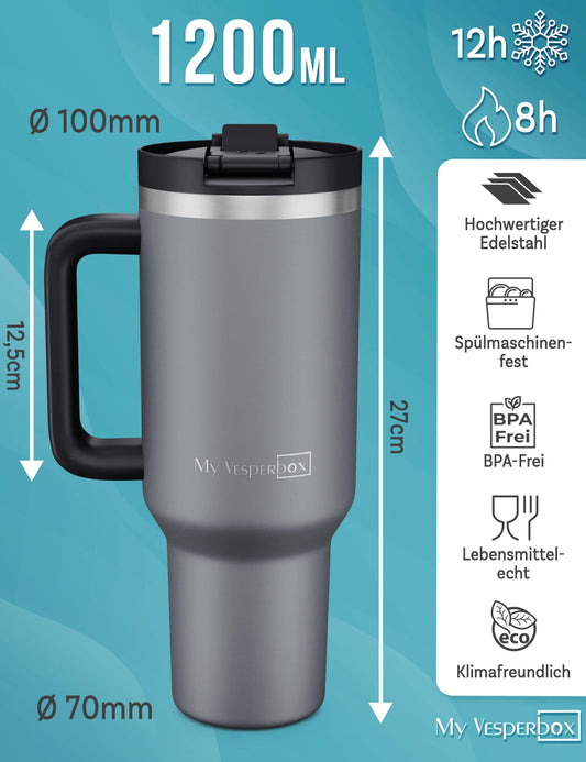 My Vesperbox Kinny Cup - thermos cup - water bottle with straw 500, 950, 1200ml - coffee mug to go - stainless steel thermos bottle BPA & melamine free