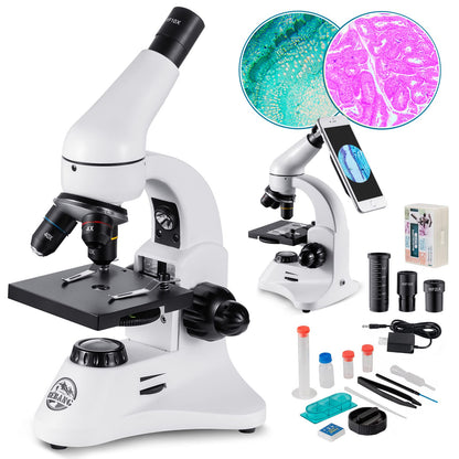 2000X optical microscope, metal body, 2 WF eyepieces, dual illuminator system, EU plug, complete accessories for kids, students, beginners.