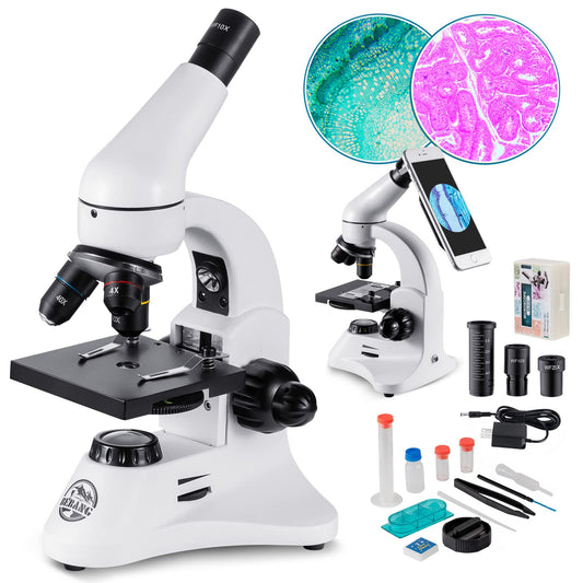 2000X optical microscope, metal body, 2 WF eyepieces, dual illuminator system, EU plug, complete accessories for kids, students, beginners.