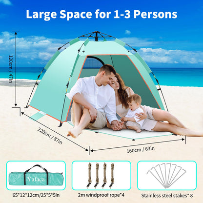 Yafaca Beach Shelter, 1-3 person automatic pop-up tent, large UV 50+ sun protection portable two-door lightweight pop-up beach tent for garden, fishing, picnic.