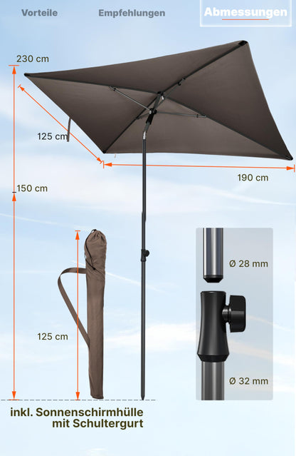 4smile balcony umbrella 200x125 cm with cover, Taupe - UV50+ rectangular and adjustable height sun umbrella, perfect for balcony sun protection as a replacement for cantilever umbrellas.