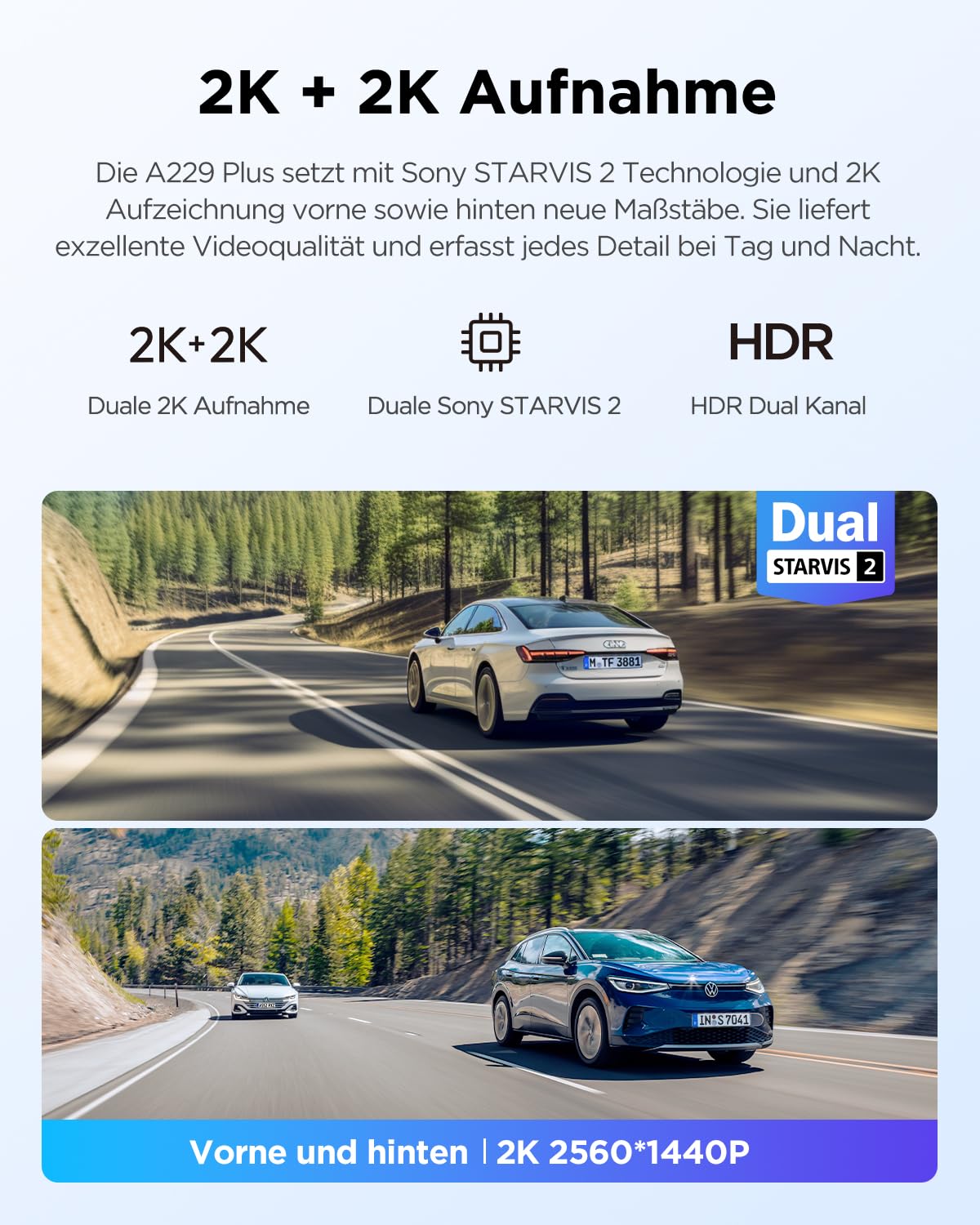 VIOFO A229 Plus 2K + 2K Dual STARVIS 2, HDR Front Rear Dashcam Car, Voice Control & 5GHz Wi-Fi Wireless Autocamera, Ultra-Precise GPS, Super Night Vision 2.0, 2.4" Large LCD, Voice Alerts, 512GB Max