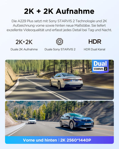 VIOFO A229 Plus 2K + 2K Dual STARVIS 2, HDR Front Rear Dashcam Car, Voice Control & 5GHz Wi-Fi Wireless Autocamera, Ultra-Precise GPS, Super Night Vision 2.0, 2.4" Large LCD, Voice Alerts, 512GB Max