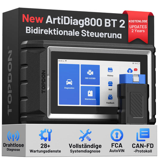 TOPDON ArtiDiag800 BT 2 OBD2 diagnostic tool, features 28+ maintenance functions, FCA gateway access & CAN-FD protocol, active test, wireless Bluetooth, and 2 years of free updates.