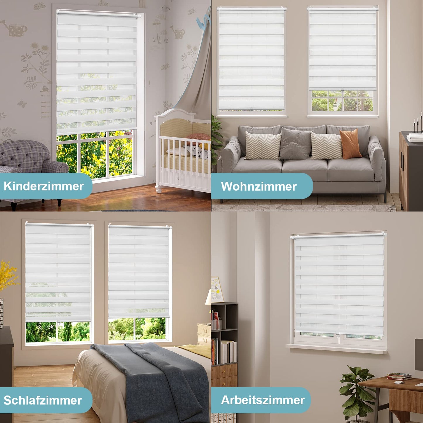 WOLTU Double Roller Blind Cordless Clamp Fix without Drilling White W100 x H120 cm, Duo Roller Blind translucent Window Blind for indoor darkening, Zebra Blind without chain for Window & Door