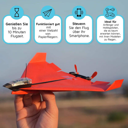 POWERUP 4.0. Smartphone-controlled paper airplane set of the next generation. Easy to use with autopilot function and integrated gyroscope. For all hobbyist flyers and enthusiastic pilots.