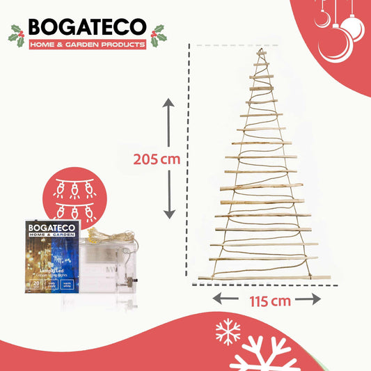 Handmade Christmas tree 205 cm high, made of hazelnut wood | Decorative ornaments | with 10m LED lights | Wooden plates connected by a 6mm thick jute rope.
