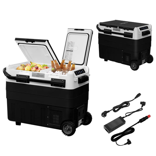 WOLTU compressor cooler electric freezer box 50L dual zone with app control USB port, 12 V/24 V, mini fridge freezer cooling up to -20°C for car boat camping, with adapter for cooler box