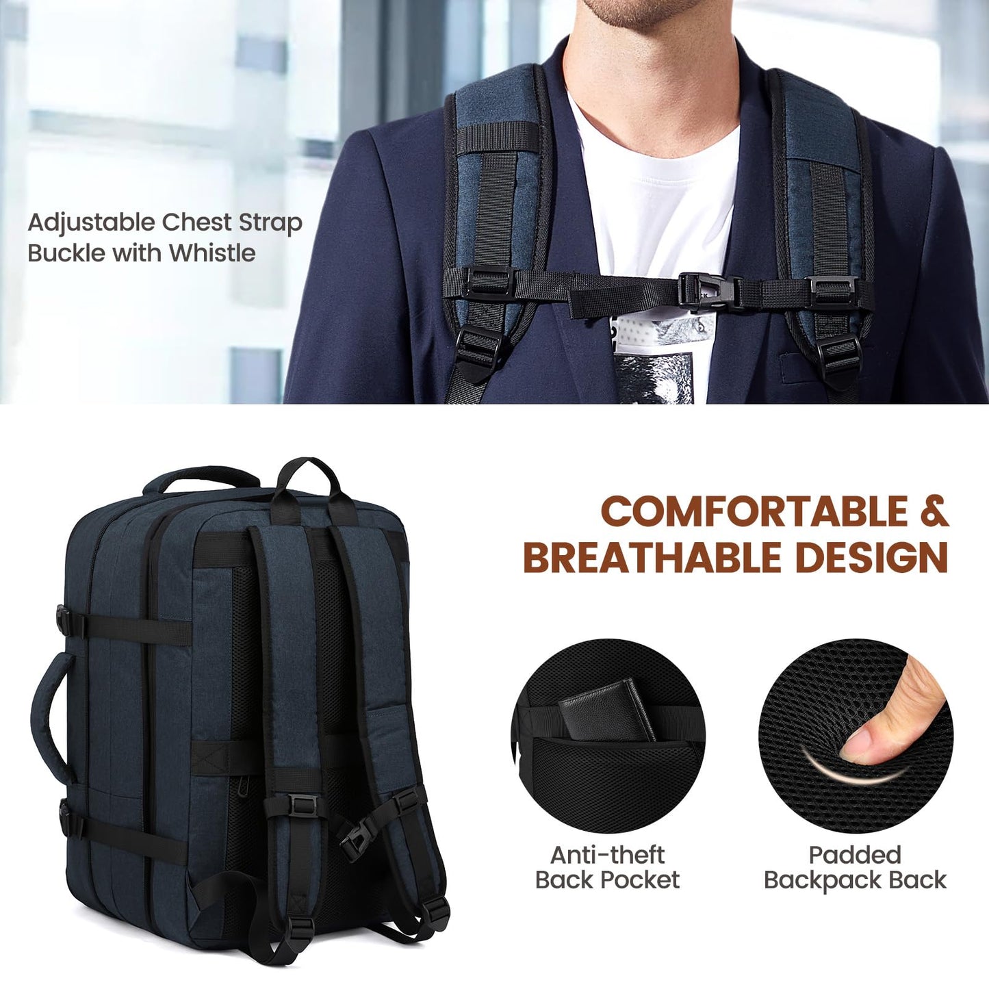 LOVEVOOK 30-40L backpack carry-on travel backpack for men and women, expandable business backpack, laptop backpack for 17.3 inches, anti-theft, blue.
