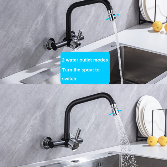 ONCE Wall Mounted Kitchen Faucet with 2 spray modes, Kitchen Faucet Wall Mounted with 360° swivel spout, Mixer Tap Wall Faucet with Modern Design, Black.