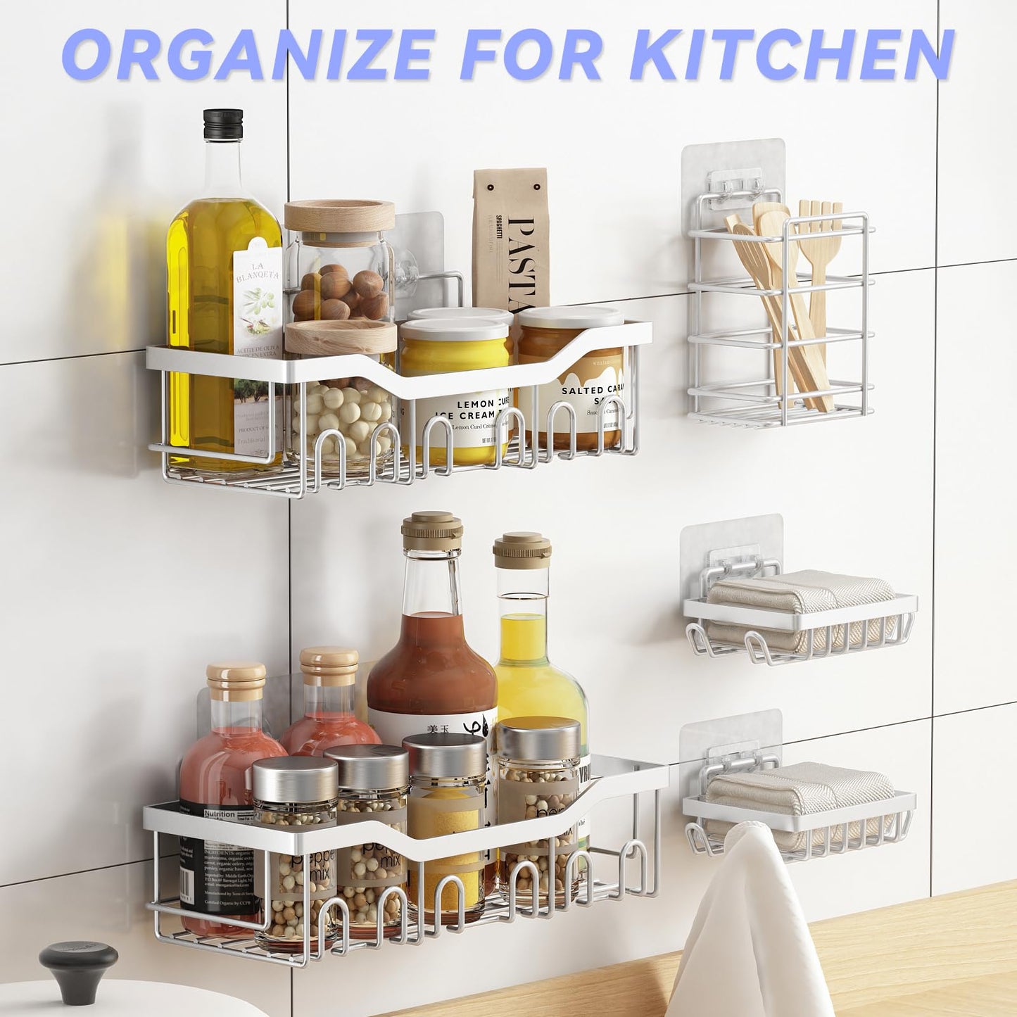 Rigors shower shelf without drilling, 6 pieces bathroom shelf with hairdryer holder and hooks, stainless steel shower caddy wall mounted, self-adhesive bathroom organizer for bath and kitchen Silver