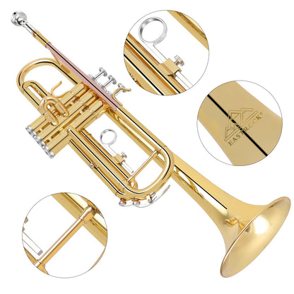 EASTROCK Bb Trumpet, standard trumpet set with carrying bag, gloves, 7C mouthpiece, tuning slide, trumpet for beginners and students (GOLD/Phosphor Copper)