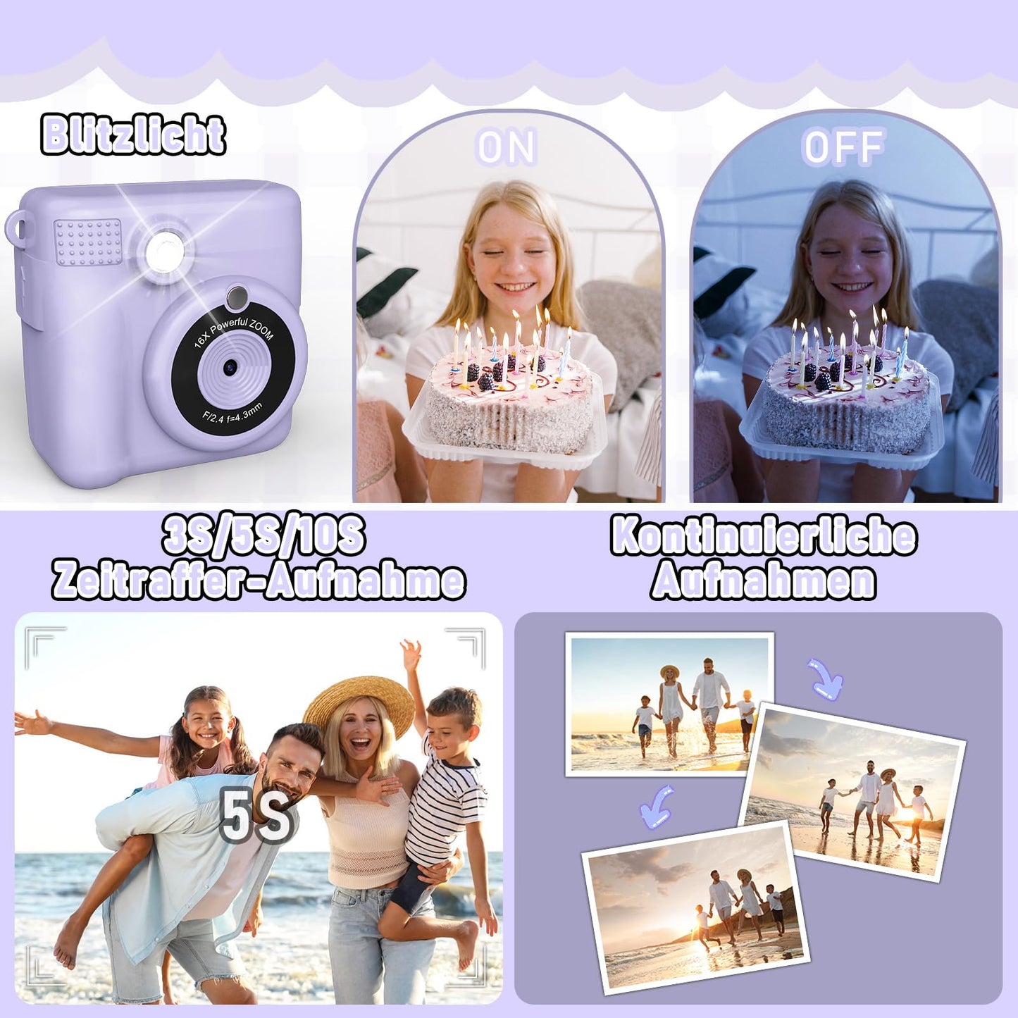 MILFECH Kids Camera Instant Camera, 1080P 2.4 Inch Screen Digital Camera for Kids with 5 Rolls Print Paper, 32GB Card, Photo Camera with 6 Colored Pens, 2 Sticker Gifts for Kids (Purple)