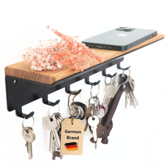 Clean® | Key rack with 6 hooks | Wooden key board | Oak | Wall organizer | Key box | Key holder with shelf | Key storage in black metal | 30x8x8cm