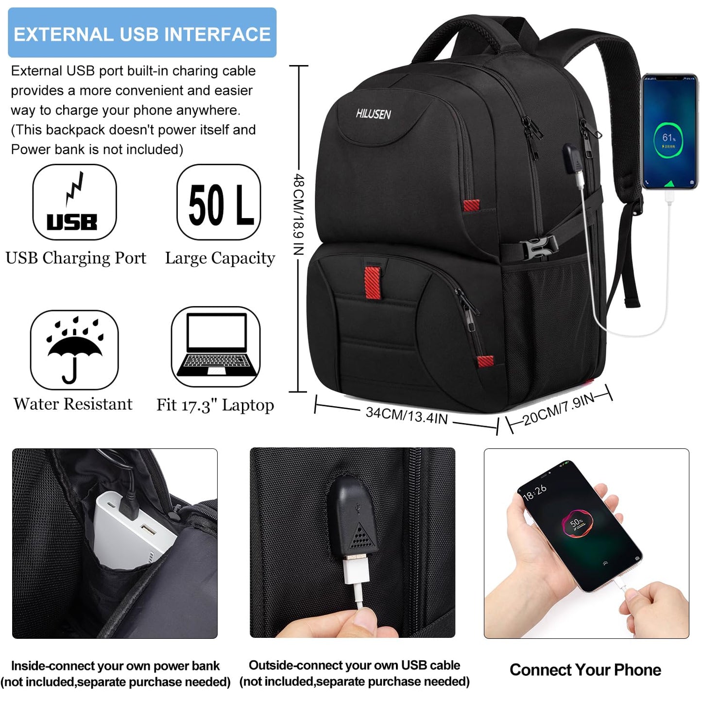 HILUSEN Large Backpack for Men 50L, Work Backpack Laptop Backpack Men 17.3 Inch School Backpack with USB Charging Port Business Travel Notebook Bag Backpacks Men Women Boys Teenagers Black