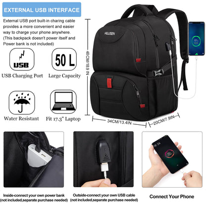 HILUSEN Large Backpack for Men 50L, Work Backpack Laptop Backpack Men 17.3 Inch School Backpack with USB Charging Port Business Travel Notebook Bag Backpacks Men Women Boys Teenagers Black