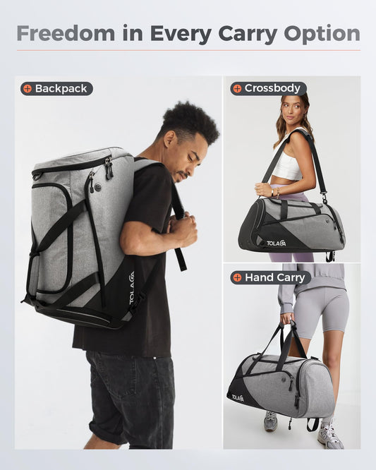 Tolaccea 47L Large Sports Bag Backpack with Shoe Compartment Wet Compartment Weekender Duffel Bag Gym Training Bag for Men Women Gym, Travel, Swimming, Sauna, Soccer (Gray)