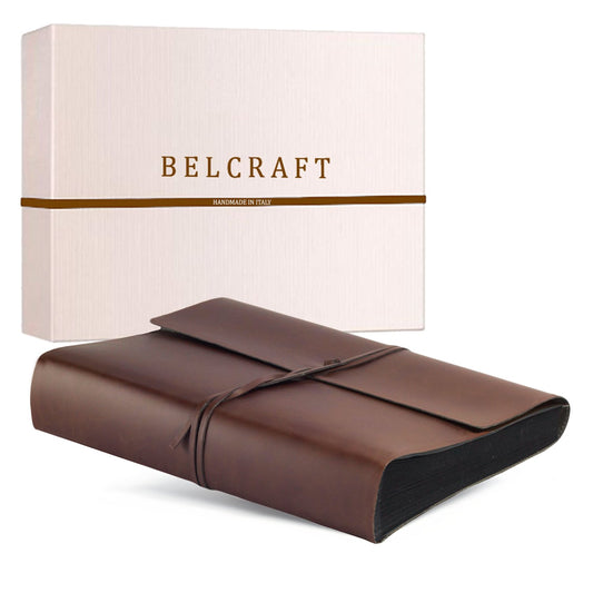 Vietri photo album made from recycled leather, black pages, handcrafted in classic Italian style, gift box included, A4 (23x30 cm) Brown.