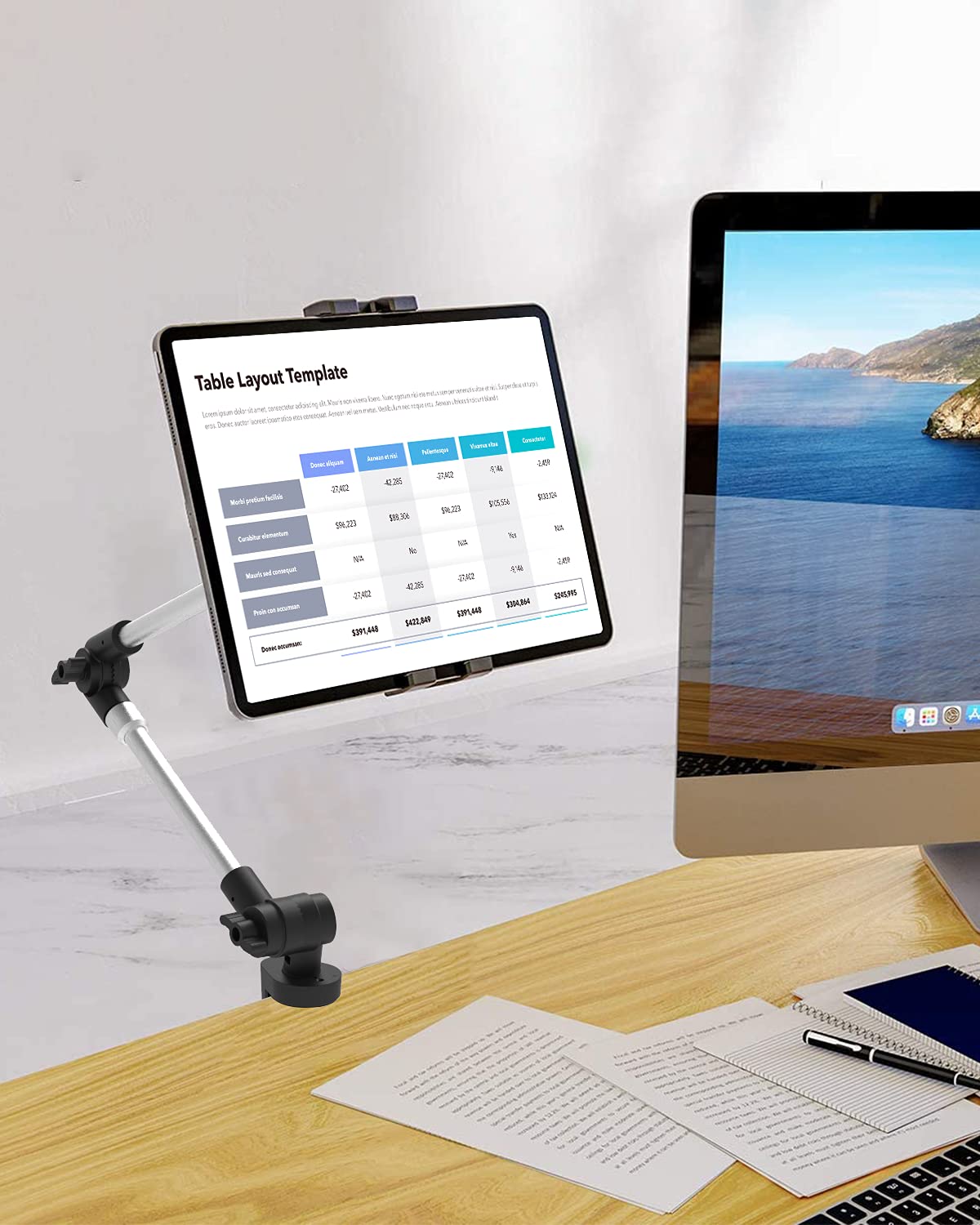 Metal Long Arm Tablet Holder, woleyi Adjustable Tablet Stand for Bed Desk Kitchen, Flexible Foldable Aluminum Tablet Clamp for iPad Pro 12.9 Air Mini, Galaxy, Switch, iPhone 4-13"