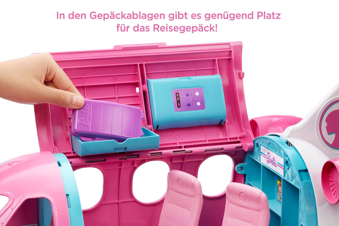 Barbie airplane with pilot doll, featuring movable wheels and 15 accessories including pet and trolley, in pink, suitable for ages 3 and up, GJB33.