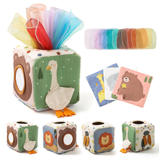 WOODEN TEETHER Tissue Box Montessori Motor Skills Toy, 6-12 Months Sensory Baby Toy with Mirror, Colors, Textures, Children's Early Learning Toy for Boys Girls Gifts
