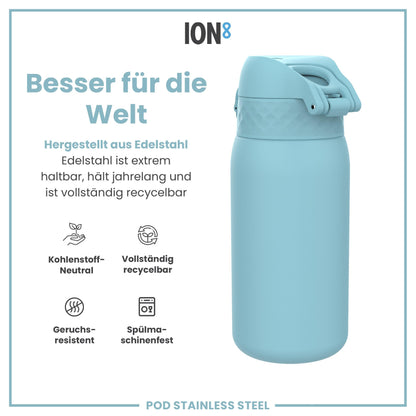 ion8 Kids Water Bottle, Stainless Steel Light 400ml, Not Insulated, Leak Proof, One-Hand Opening, Secure Locking, Dishwasher Safe, Foldable Lid, Handle, Easy to Clean, Alaska Blue