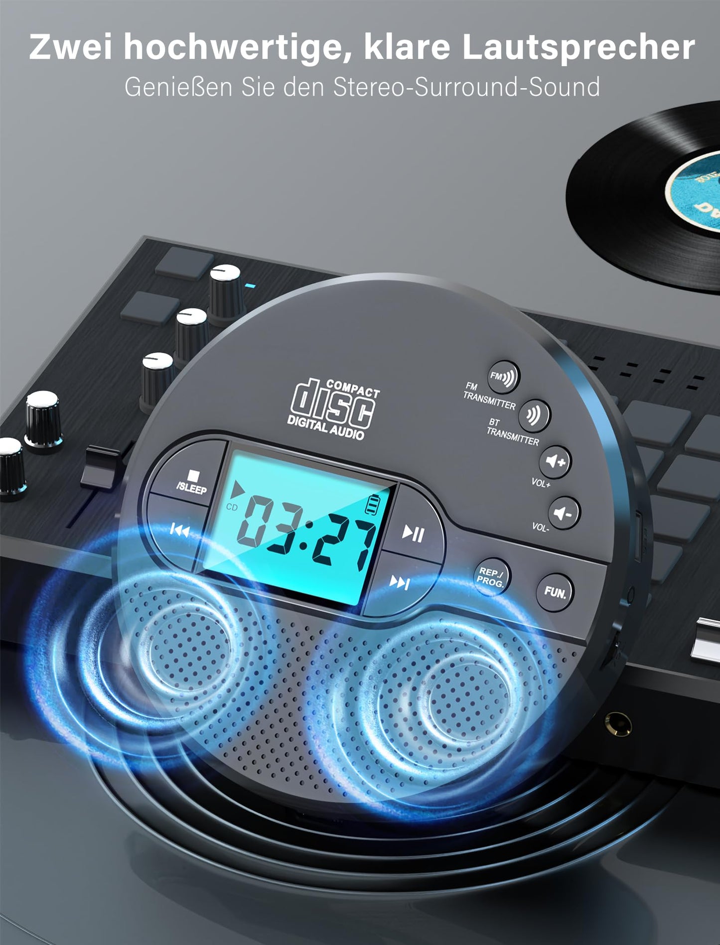 Discman CD player with Bluetooth FM transmitter, headphones, LCD screen, AUX, built-in speaker, USB connection, 2000mAh rechargeable portable CD player with anti-skip protection.