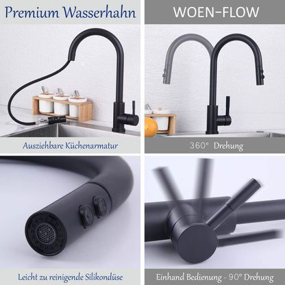 Black Kitchen Faucet, High Pressure Pull-Out 360° Swivel Kitchen Tap, Single Lever Sink Faucet with 2 Spray Modes, High Arc Kitchen Mixer Tap, Pull-Out Stainless Steel Kitchen Faucet.