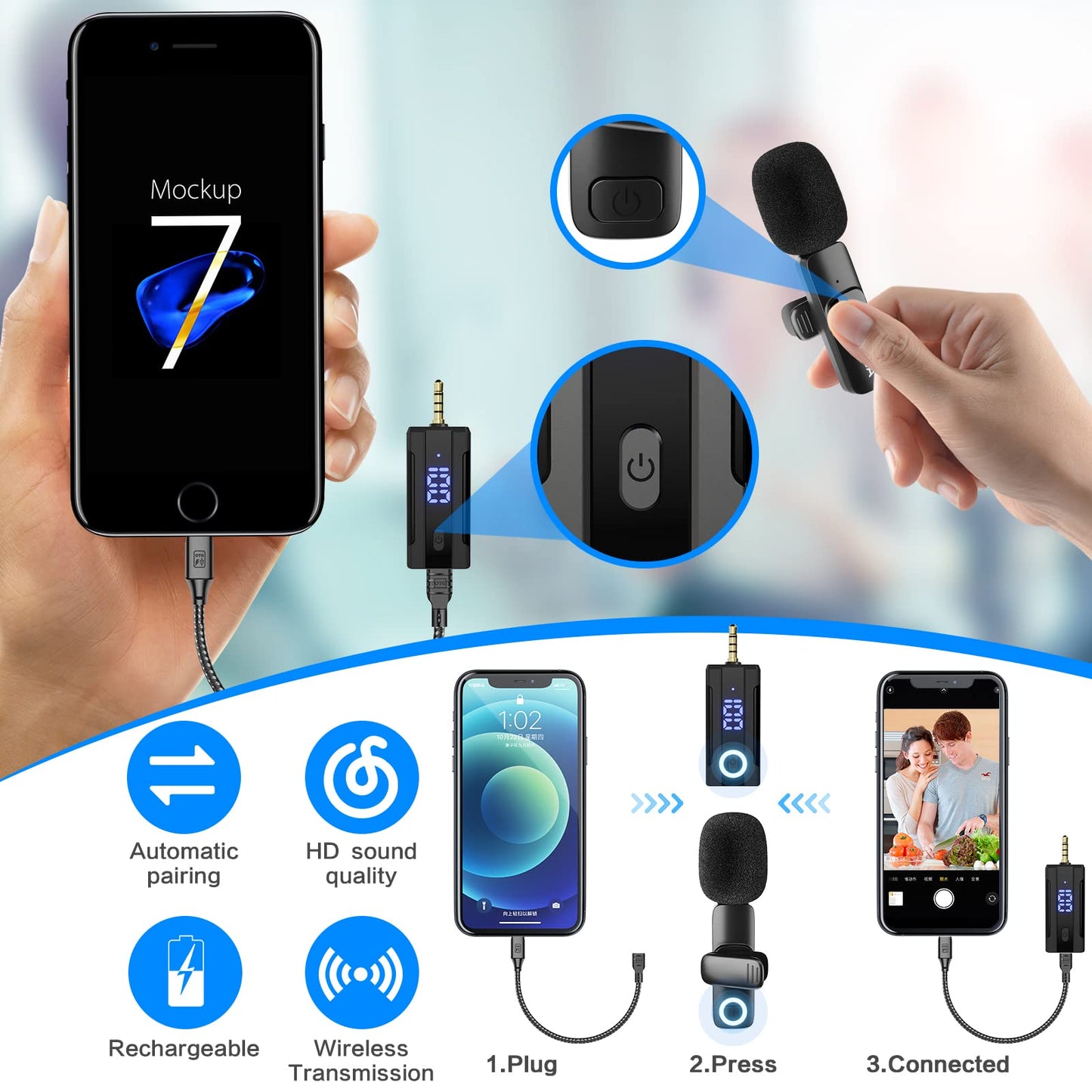 OSA Lavalier Microphone, Wireless Mini Microphone for Camera/Computer/Laptop/MacBook/Phone with Power Display, Dual wireless lavalier microphone with built-in noise reduction chip.