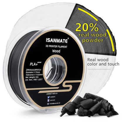 iSANMATE Wood PLA+ Filament 1.75mm, Ebony PLA+ Filament for 3D printers (20% wood powder + 80% PLA+), 1KG spool, Matte wood texture, Accuracy +/- 0.03mm.