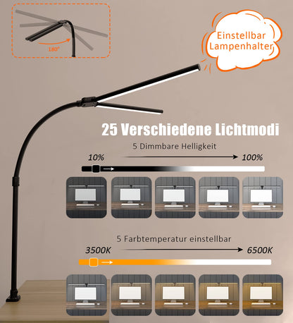 LOTTBUTY Double-headed Desk Lamp LED dimmable, 24W 80CM Home Office Daylight Desk Lamp, Swan Neck Office Table Lamp (Black, Clampable)