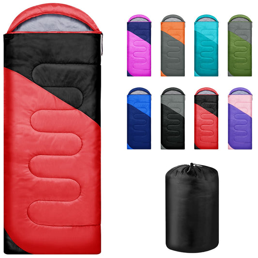 YARMINE sleeping bag, 3-4 seasons, outdoor camping gear for adults and kids. Portable, rectangular, soft, thick, and warm in red and black. Perfect for outdoor activities like hiking and travel.