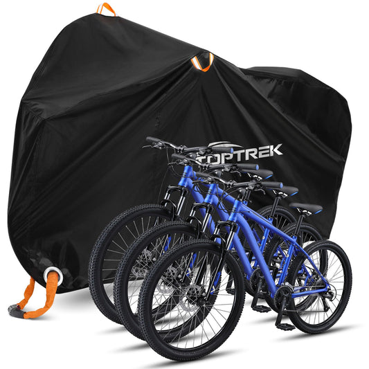 Toptrek bike cover made of 210D Oxford fabric for outdoor use. High-quality cover with lock holes and sun protection. Tear-resistant and includes a storage bag. Fits 3 bikes, dimensions 220x120x110cm.